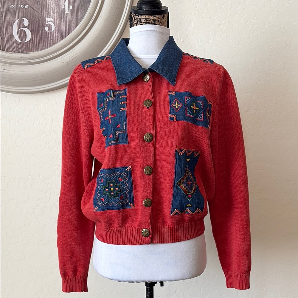 Vibrant Red and Blue Cropped patches Jacket with Decorative Embroidery